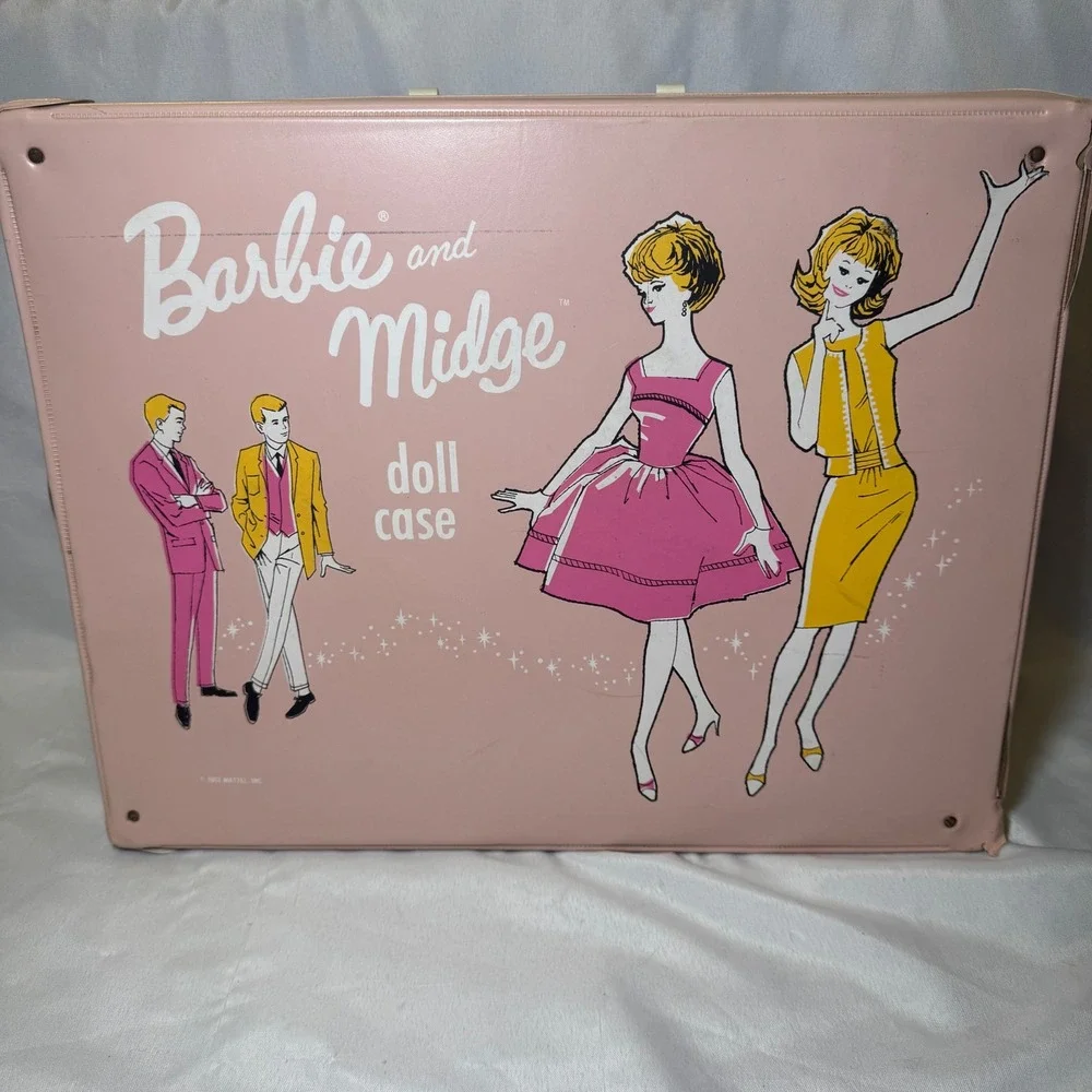 Vintage 1963 Mattel Barbie and Midge Pink Vinyl Double Doll Case Trunk 5092-0500